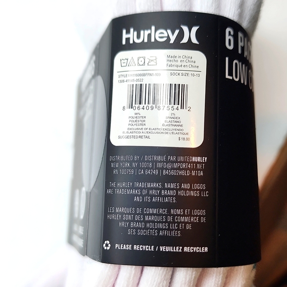 HURLEY LOW-CUT ATHLETIC SOCKS,  6 PAIRS WHITE WITH LOGO - Picture 4 of 9